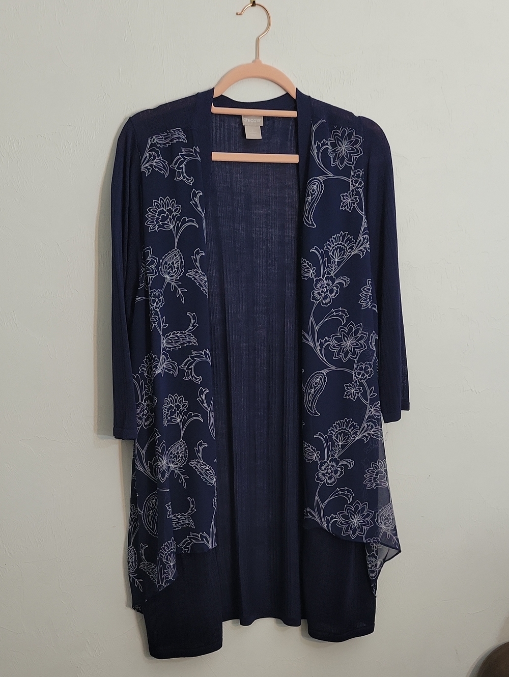 Chico's Navy Floral Draped Open-Front Cardigan